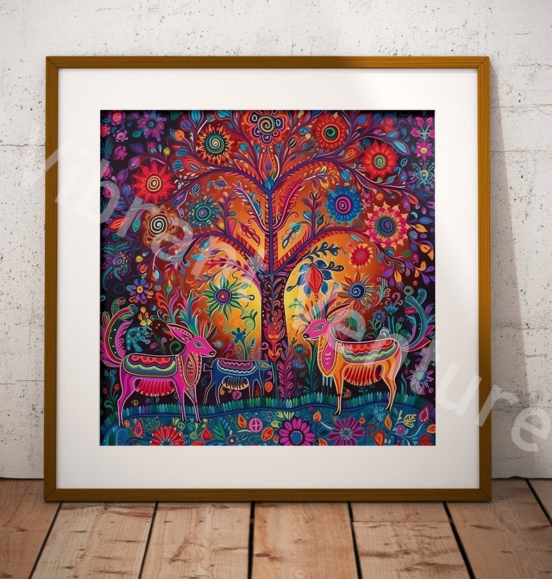 May include: A colorful folk art painting depicting a tree with a vibrant orange, yellow, and red sunset behind it. Two deer with intricate patterns stand in front of the tree, surrounded by flowers and foliage.