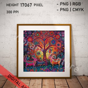 May include: A digital art print featuring a colorful tree with flowers and leaves, two deer, and a vibrant background. The print is framed in a gold frame and is ready to hang.