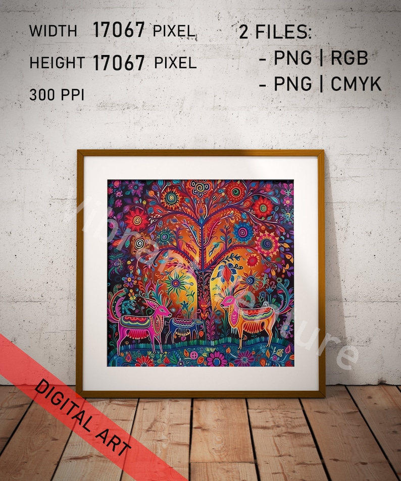 May include: A digital art print featuring a colorful tree with flowers and leaves, two deer, and a vibrant background. The print is framed in a gold frame and is ready to hang.