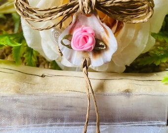 Shell  Angel handmade  Keepsake – Pink ribbon  Flower, Pearl Head, Jewelled  Halo, Organza Bag