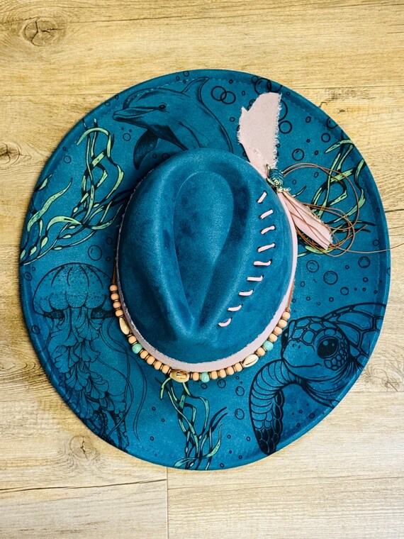 Blue Wide Brim Hat with Sea Life Design Mariner Straw Lifeguard Hat | Fish Print Straw Hat UPF 50+  main image 4