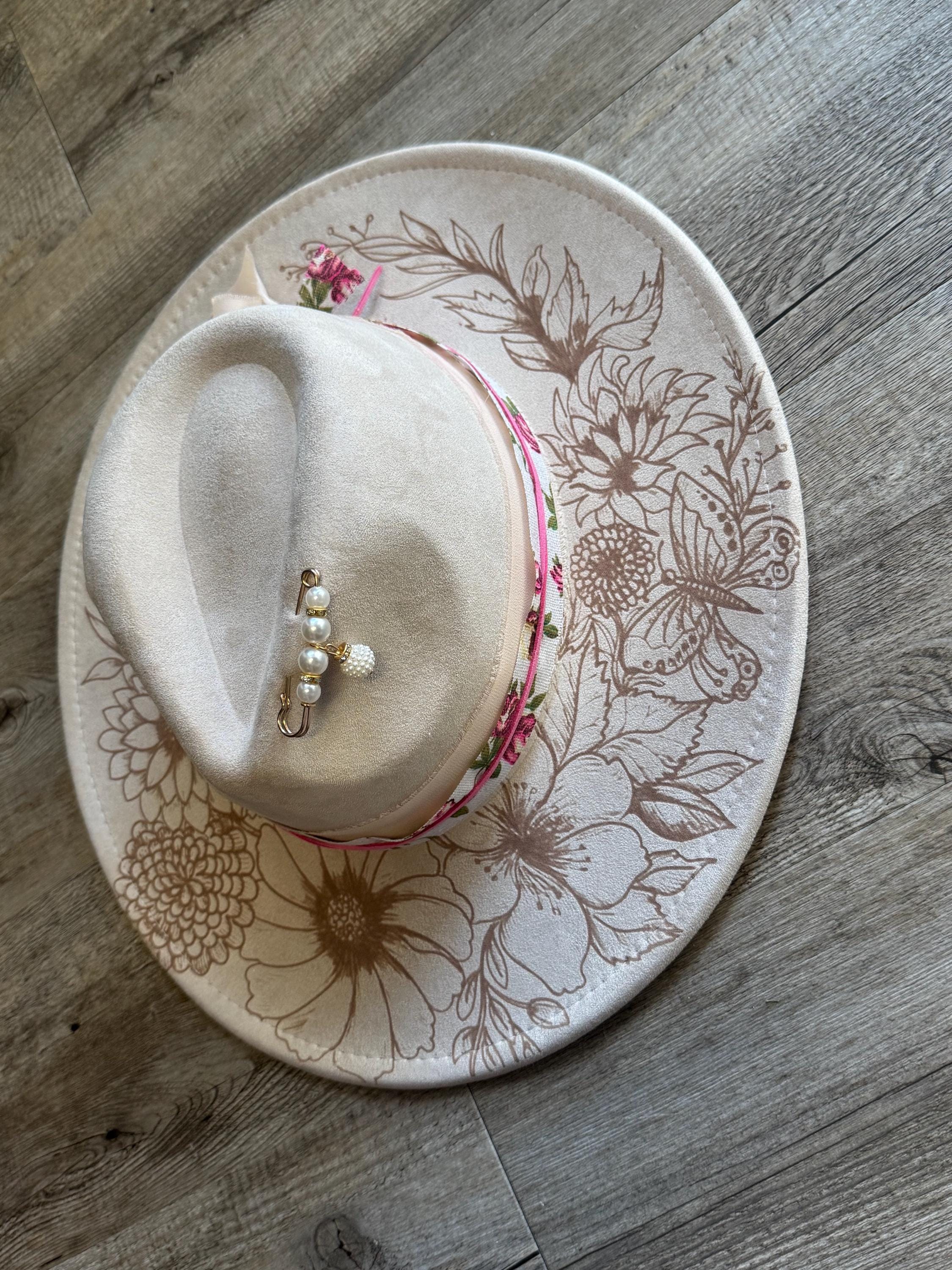Handpainted Floral Butterfly Fedora Hat, Laser Engraved  display picture 3