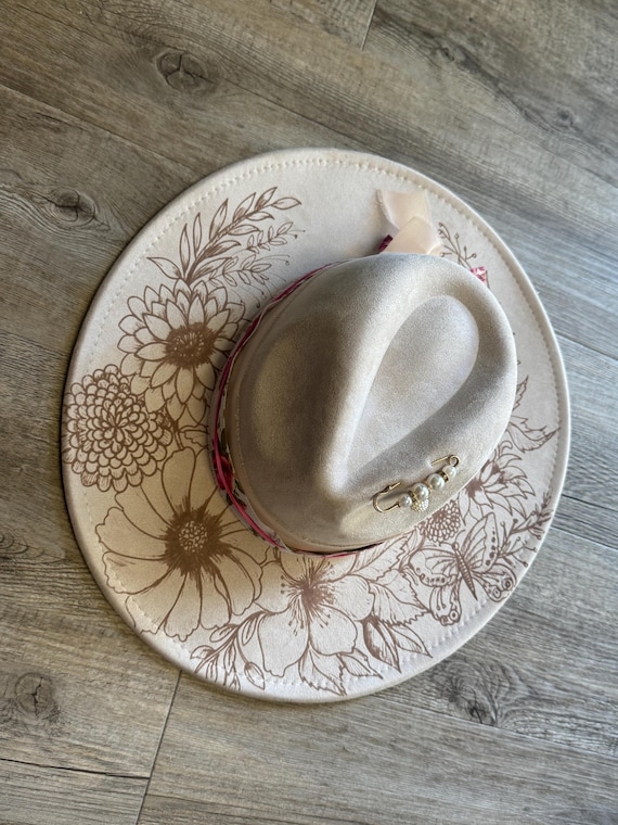 Handpainted Floral Butterfly Fedora Hat, Laser Engraved  display picture 1