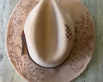 Hand Burnt Fedora Cowboy Hat with Sunflowers