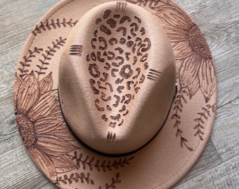 Hand Burnt Fedora Cowboy Hat with Sunflowers and Animal Print Hats//Cowboy/Fedora//Gift Idea//Rodeo//headwear//akubra//fashion//style//trend