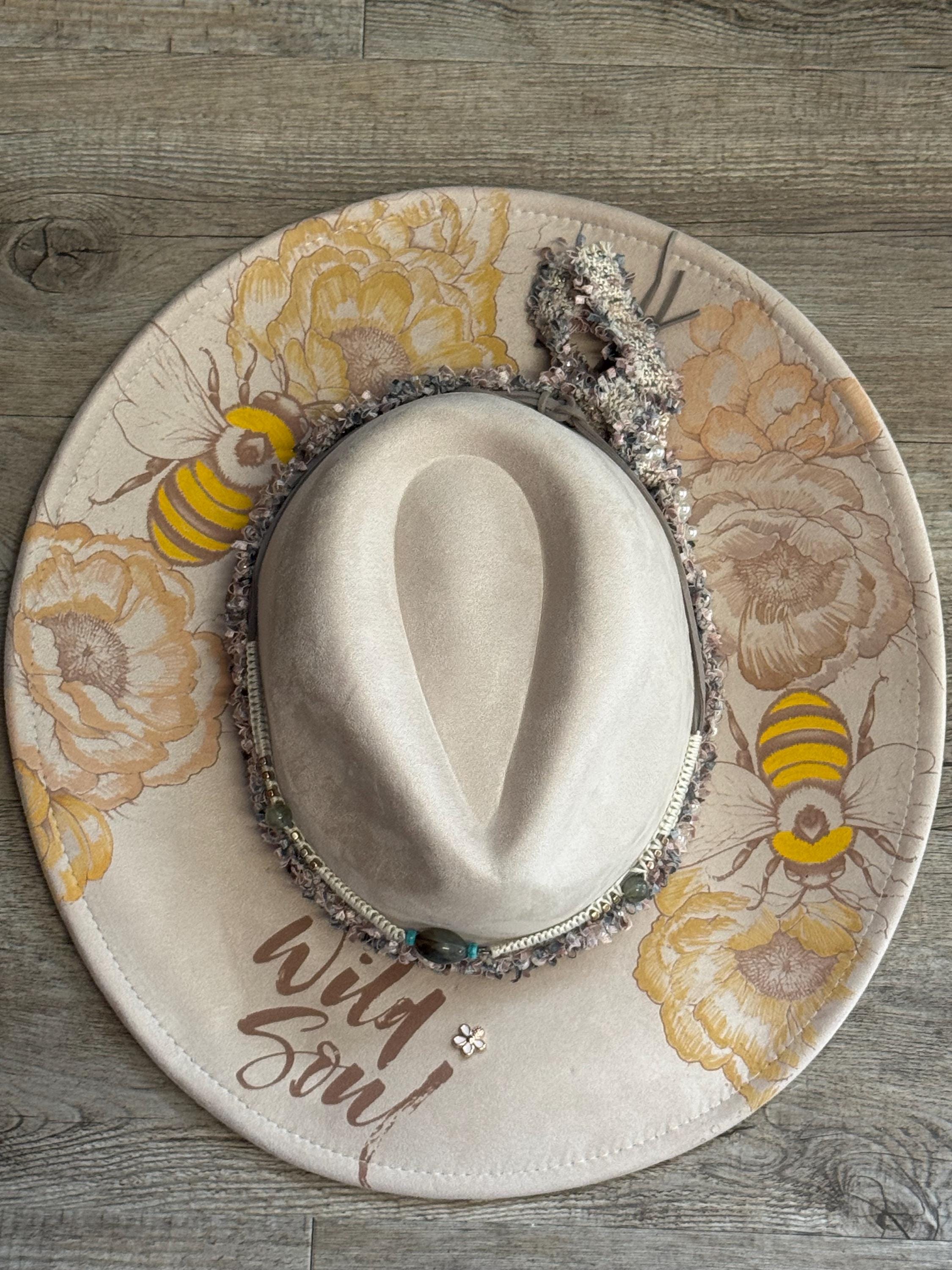 Hand-Painted Tan Wide-Brim Fedora with Bee Motif Sunflower and Bee Fedora Hat – Hand-painted Brown Polyester  main image 2