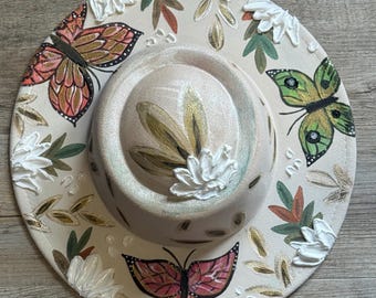 Flowers and Butterflies Hand Painted Hat /hats/fedora/bowl hat