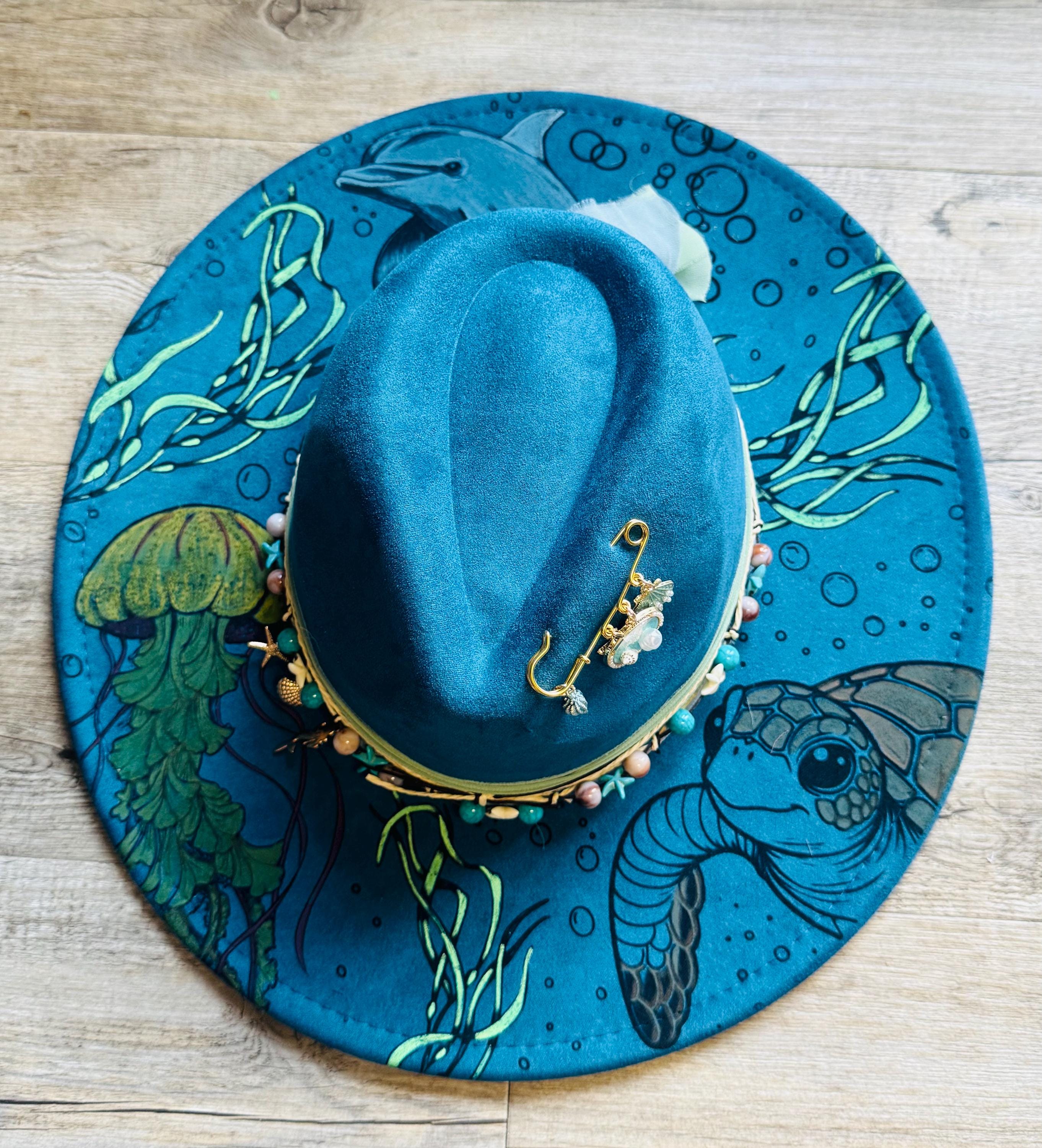 Custom Hand Burnt Fedora Women\'s Adjustable Teal Blue Etched Wide Brim Western A Custom made Jen & Co Suede wide brim fedora hand burned by  main image 3