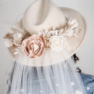 Bridal Wedding Day/Wedding Bridesmaid Fedora with Artificial Flowers and Bridal Veil Boho Chic Rustic Wedding Wedding Headwear custom bridal