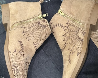 Sunflower and Leaves Hand Burnt Boots