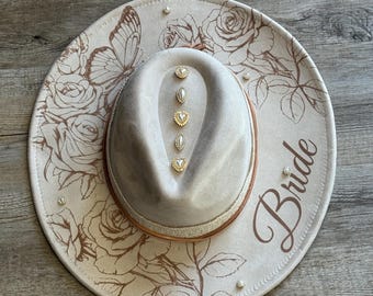 Burnt Pyro Bride & Roses - Hand Drawn/ Handpainted/Engraved Laser Fedora Hats/Cowboy Hats/Hats/Fashion/Hats/wedding hats/birthday gift/hats