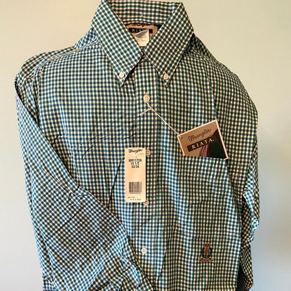 Vintage Wrangler Green And White Riata Button Down Men's Dress Shirt