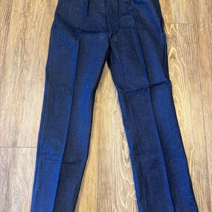 May include: Dark blue denim pants with a classic straight leg design. The pants feature a button and zipper closure, front pockets, and belt loops. The denim has a slight sheen, and the pants are neatly pressed.