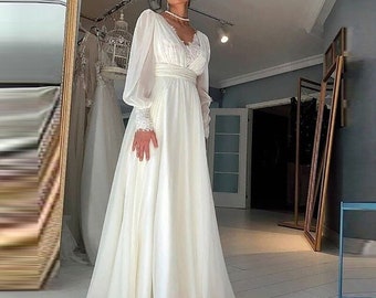 Vintage Boho Lace Wedding Dresses, Puff Long Sleeves Bohemian Bride Dress, Elegant V Neck Bridal Dress, Custom Wedding Dress Plus Size