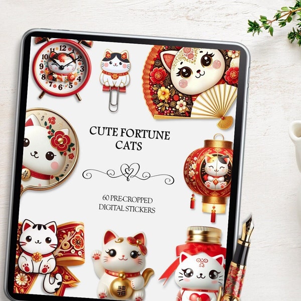 Fortune Cat PNG, Lucky Cat Chinese New Year, Maneki-Neko Digital Stickers, Japanese Cat Art, Fortune Cat Bundle, Lucky Charm Cute Cats PNG