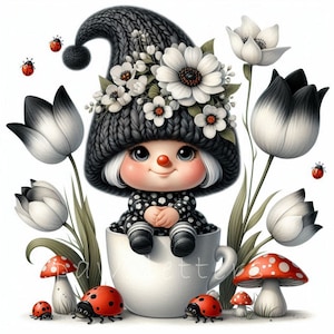 Zwarte tulp bloemen kabouters clipart | Set van 10 | Hoge kwaliteit 300 dpi jpeg's | Aquarel tulp kabouter | Schattige lentekabouter | Commercieel gebruik
