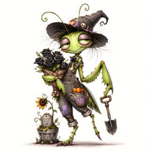 May include: A whimsical illustration of a green praying mantis dressed in overalls and a witch's hat, holding a bouquet of black roses and a small shovel. A pumpkin peeks from the pocket, and a tombstone with "RIP" is nearby. The overall theme is Halloween.