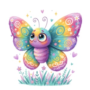 May include: A whimsical illustration of a cartoon butterfly with large, expressive eyes and a friendly smile. The butterfly's wings are a vibrant mix of colors, including pink, yellow, blue, and green, with decorative swirls and floral accents. Hearts and stars surround the butterfly.