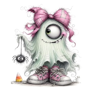 May include: A white, shaggy, one-eyed ghost character wearing a large pink plaid bow on its head and pink lace-up sneakers. The ghost holds a small, fuzzy black spider on a string, and a single piece of orange, yellow, and white candy corn sits nearby.
