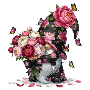 May include: A whimsical illustration of a garden gnome holding a bouquet of peonies. The gnome's black hat and outfit are adorned with pink floral patterns. Butterflies flutter around the gnome, and flower petals are scattered at the base.