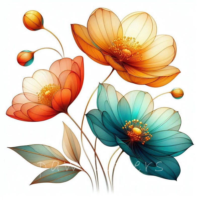 Tropical Vibes Abstract Flowers Clipart | Dried Flowers Printables, Instant Download, Junk Journals, Florals Clipart Pack | Flowers Wall Art Boho Style Printables | Digital Crafting Journal Inserts Summer Vibes png Commercial Use Trendy Floral Design
