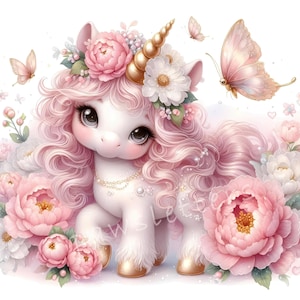 Peony Princess Unicorn Clipart Bundle 10 High Res JPGs, Watercolor Flower Unicorn Clipart, Instant Download, Cute Floral Fantasy, Whimsical