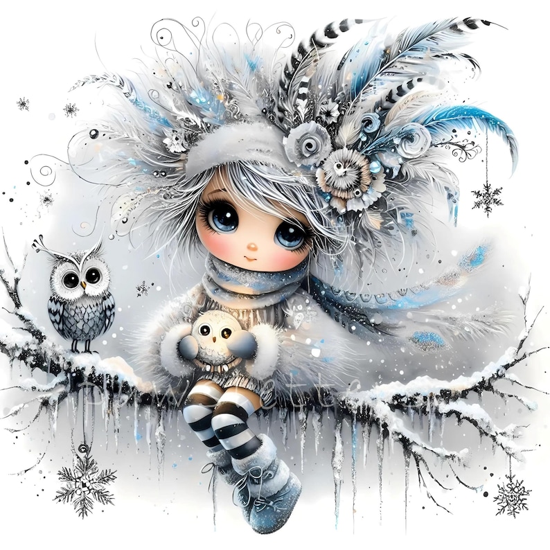 Snowy Owl Keeper Clipart, Whimsical Home Decor, Gift For Her, Kitchen, Bedroom, Bathroom, Living Room, Entry way, House Warming, Commercial Use Whimsical Ephemera, Fantasy Junk Journal, Cute Dolls Paper Craft, Snow owl art print, art poster, bedroom wall art, for her, gallery wall art, gift idea, home wall decor, illustration print, kitchen art print, living room decor, owl illustration, quirky girl clipart, junk journal cute girl clipart, cozy winter clipart, winter wonderland, snow winter png