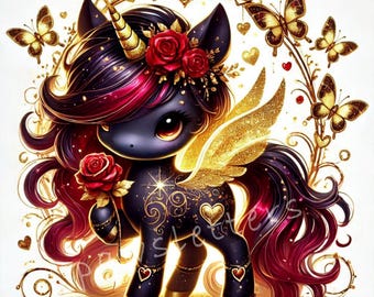 May include: A black unicorn with a gold horn and wings, wearing a crown of red roses and gold leaves. The unicorn is standing on a gold background with hearts and butterflies.