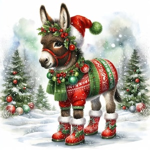 Christmas Donkeys Clipart | Set of 10 | High Quality 300 DPI JPEGs | Digital Planner | Digital Paper Crafting | Watercolor |Digital Download