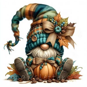 May include: A whimsical gnome illustration with a long, curved hat in teal, orange, and green plaid. The gnome has a white beard, a button nose, and is holding a pumpkin. The image includes fall leaves, a burlap bow, and coffee beans.