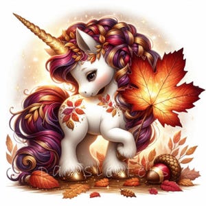 Autumn Leaf Unicorn Clipart | Set of 10 | High Quality 300 DPI JPEGs | Baby Unicorn Watercolor Clipart | Cute Unicorn Autumn Printables Art