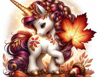 May include: A white unicorn with a gold horn and a purple, red, and gold mane and tail. The unicorn is decorated with autumn leaves and is holding a large orange maple leaf. The unicorn is standing on a bed of autumn leaves.