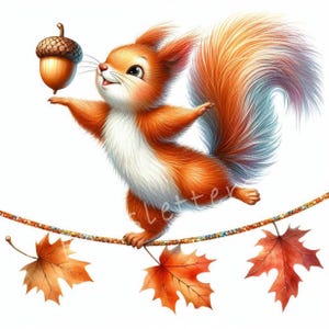 Autumn Squirrel Acrobat Clipart 10 High Res Watercolor JPGs Cute Forest Animals Printable Art, Digital Download, Commercial Use for Crafts