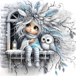 Clipart de Búho Guardián Escarchado, 10 JPG de alta calidad a 300 DPI, uso comercial, tarjetas navideñas, fiestas, invierno, país de las maravillas, manualidades digitales en papel.