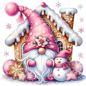 Peut inclure: Illustration à l'aquarelle d'un gnome de Noël avec une longue barbe blanche, portant un chapeau et des mitaines roses, devant une maison en pain d'épices. Un bonhomme de neige, des ornements et des flocons de neige complètent la scène.