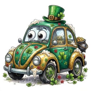 Puede incluir: Ilustración de dibujos animados de un Volkswagen Beetle verde y dorado decorado para el Día de San Patricio. El coche presenta tréboles, un sombrero de duende y una olla de oro. Los acentos blancos en forma de espuma y los ojos de dibujos animados completan el diseño festivo.