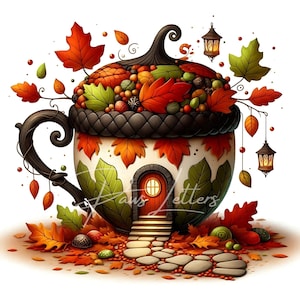 Clipart maison de fée gland, 10 images imprimables JPG 300 ppp de haute qualité, automne douillet, récolte, ferme, travaux manuels créatifs d'automne fantaisistes