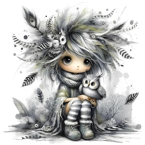 Clipart gardien de hibou de la forêt, 10 fichiers JPG 300 ppp de haute qualité, illustrations magiques de la forêt éphémères fantaisistes, créations artisanales en papier pour journal indésirable