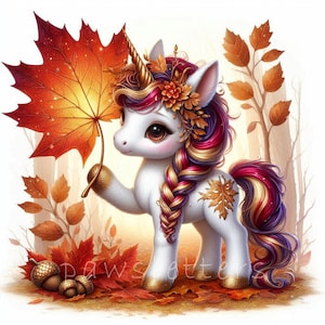 Autumn Leaf Unicorn Clipart | Set of 10 | High Quality 300 DPI Jpegs | Baby Unicorn Watercolor ...