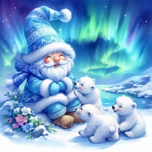 May include: A blue and white Father Christmas with a long white beard smiles at three white polar bears against a background of a starry night sky with green and purple aurora borealis.