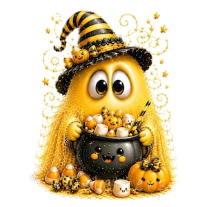 Puede incluir: Una ilustración caprichosa de Halloween presenta un fantasma amarillo con un sombrero de bruja a rayas negras y amarillas. El fantasma sostiene un caldero negro lleno de golosinas, incluyendo calabazas y caramelos. Una calabaza sonriente y otros caramelos están en la base.