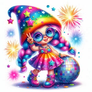 Clipart 10 gnomes de fête du nouvel an haute résolution JPG aquarelle art de nain de la paix, gnome punk signe de la paix mignon, étiquettes pour cadeaux, graphiques hippie de nouvel an