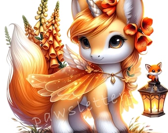 May include: A cute orange and white fox unicorn with a silver horn and a flower crown. The unicorn is wearing a sheer orange cape with a butterfly design. The unicorn is standing on a path with green grass and flowers. A small fox is sitting on a lantern.