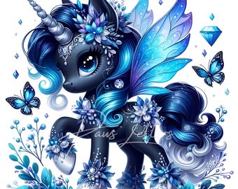 May include: A whimsical illustration of a dark blue unicorn with blue and silver accents. The unicorn has large eyes, a silver horn, and is adorned with floral and jewel details. Butterflies and gems surround the unicorn.