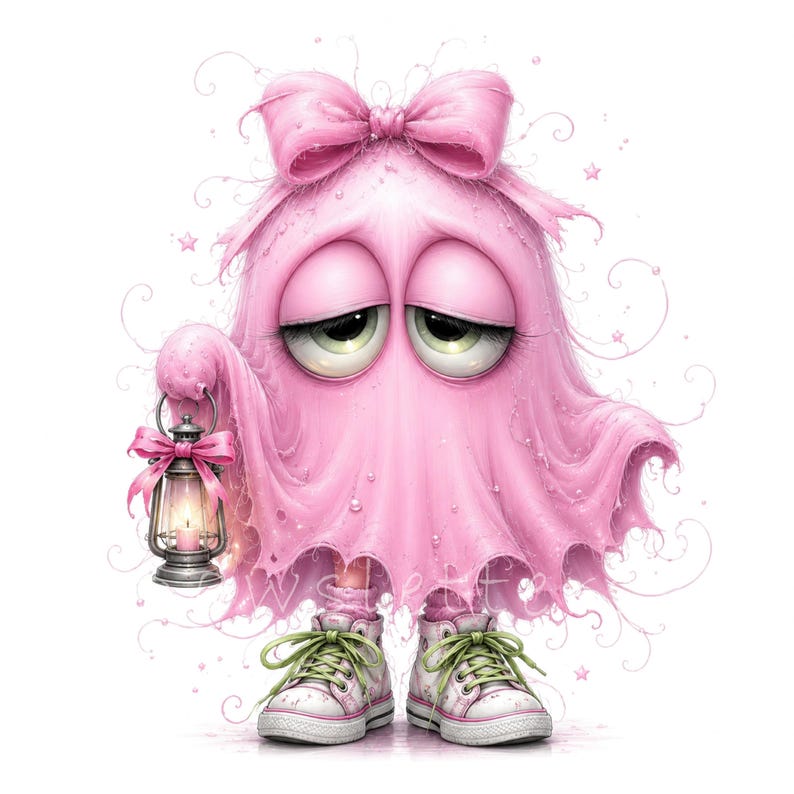 K&ouml;nnte beinhalten: Eine rosa Geisterfigur mit gro&szlig;en, schl&auml;frigen Augen und einer auff&auml;lligen rosa Schleife auf dem Kopf. Der Geist tr&auml;gt wei&szlig;e Turnschuhe mit hellgr&uuml;nen Schn&uuml;rsenkeln und h&auml;lt eine kleine, metallische Laterne mit passender rosa Schleife, umgeben von Schn&ouml;rkeln.