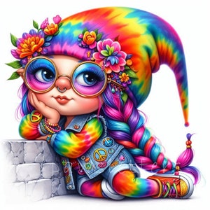 Gnome hippie groovy Clipart | Lot de 10 | JPEG 300 ppp haute qualité | Art rétro de gnome de la paix | Gnome punk mignon signe de la paix | Graphismes hippies