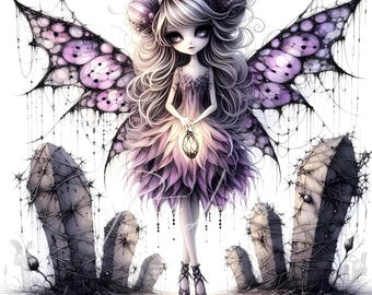 15 JPG Cemetery Butterfly Doll Clipart, Spooky Halloween Girl, Gothic Creepy Cute Doll, Dark Cute Digital Clip art Set, Spooky Printables