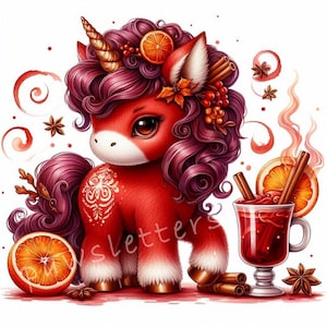 Glühwein Einhorn Clip art 10 hochauflösende JPGs in Aquarell Farben für Junk Journal, Scrapbook, Weihnachtskarten, digitaler Download, Fantasy, wunderlich