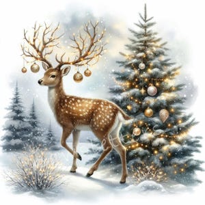 Woodland Christmas Deer Clipart 10 High Res Watercolor Jpgs Winter ...