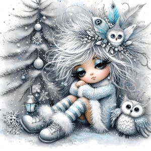 Snowy Owl Keeper Clipart, Whimsical Home Decor, Gift For Her, Kitchen, Bedroom, Bathroom, Living Room, Entry way, House Warming, Commercial Use Whimsical Ephemera, Fantasy Junk Journal, Cute Dolls Paper Craft, Snow owl art print, art poster, bedroom wall art, for her, gallery wall art, gift idea, home wall decor, illustration print, kitchen art print, living room decor, owl illustration, quirky girl clipart, junk journal cute girl clipart, cozy winter clipart, winter wonderland, snow winter png